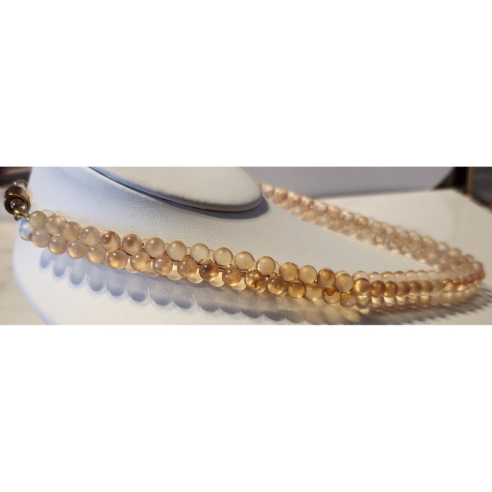 Vintage Trifari Frosted Peach Glass Double Strand Beaded Necklace Magnetic Clasp - Picture 3 of 7